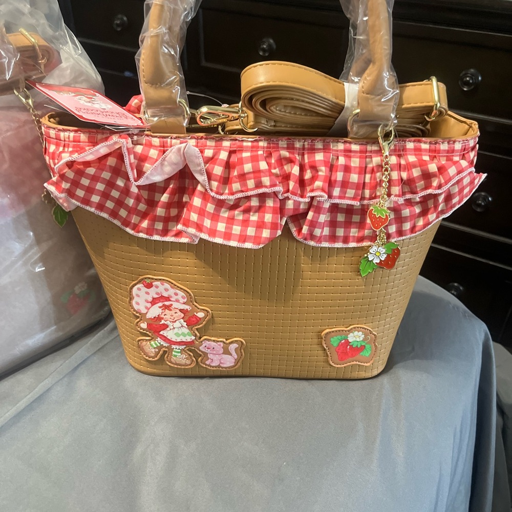 Tan and Red Ruffled Tote Bag